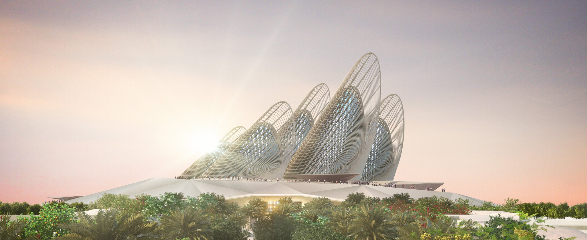 A render of Zayed National Museum at sunset.