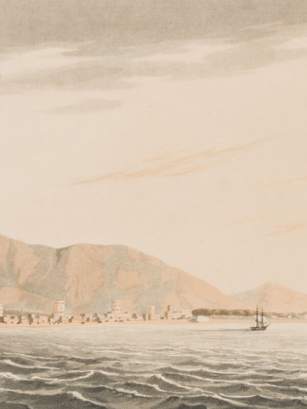  Hand-coloured aquatint plate showing the mountain landscape of Ras al-Khaimah and the buildings of the town close to the shore in 1809.
